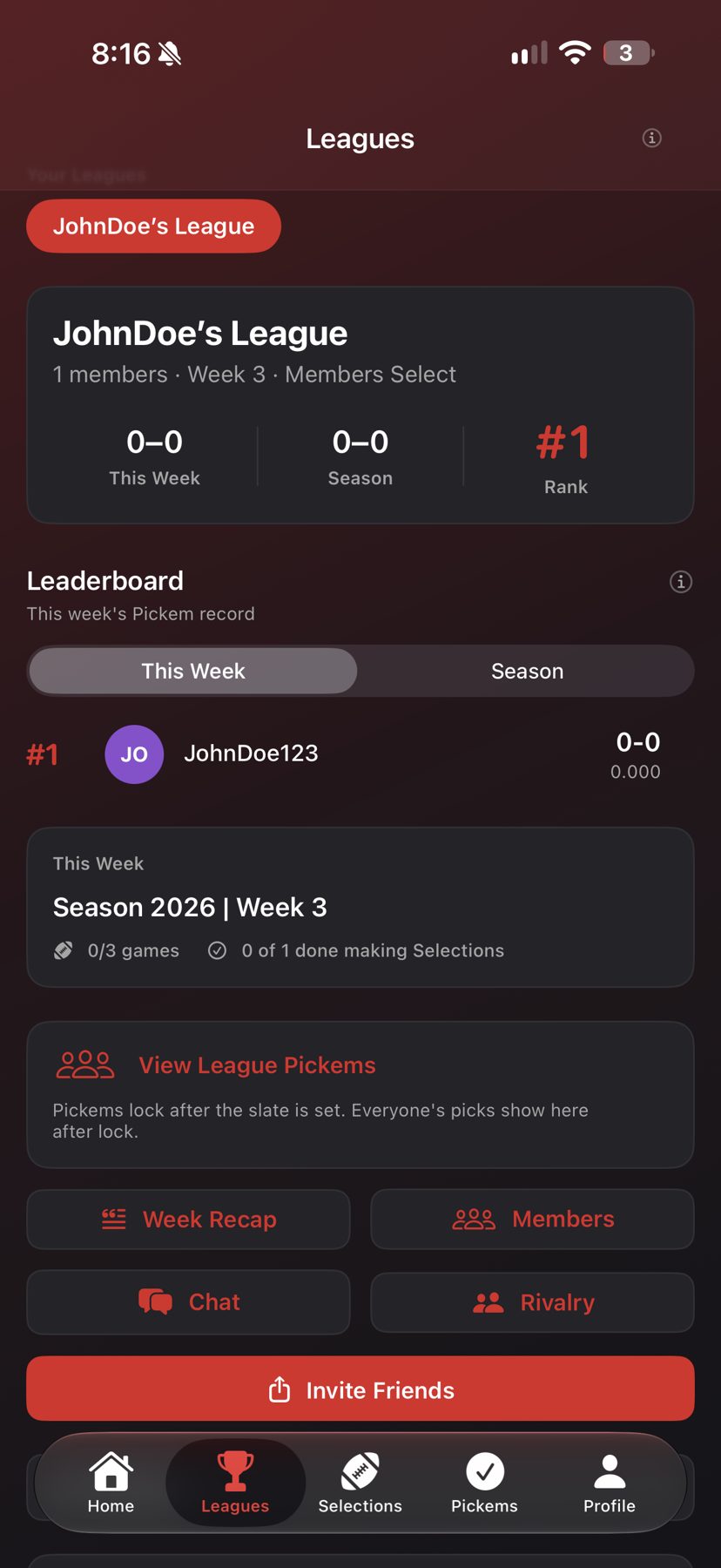 Leagues tab with standings, leaderboard, chat, rivalry, and Invite Friends.