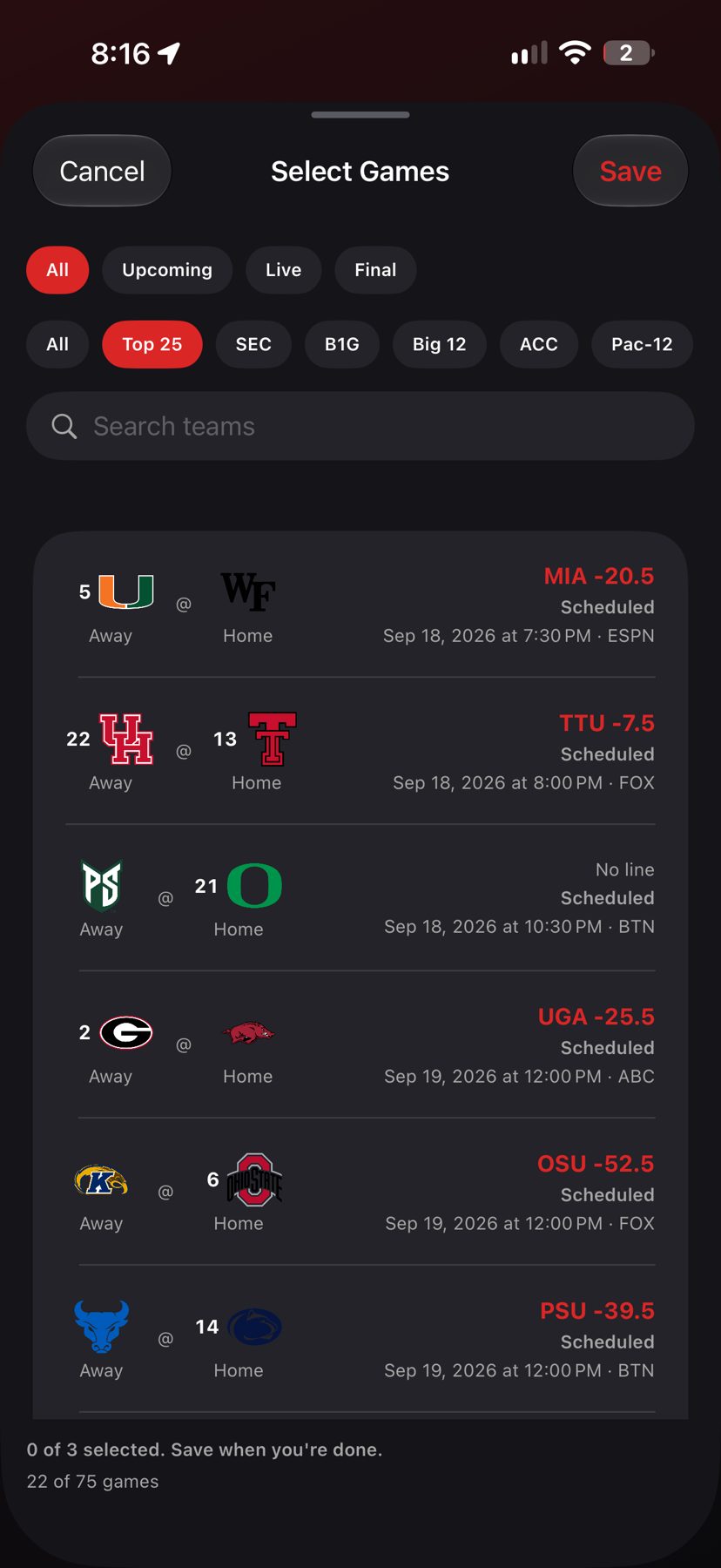 Select Games: filter by Top 25 or conference, search teams, and save the weekly slate with ESPN spreads.