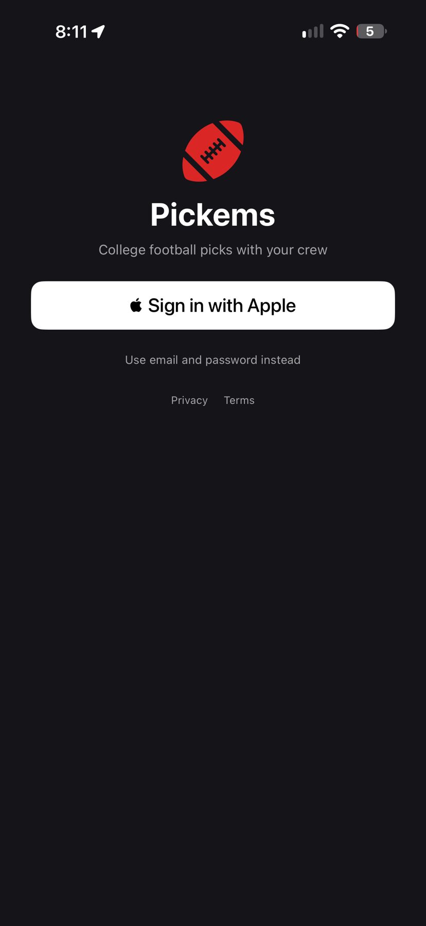 Pickems sign-in screen with the tagline College football picks with your crew and Sign in with Apple.